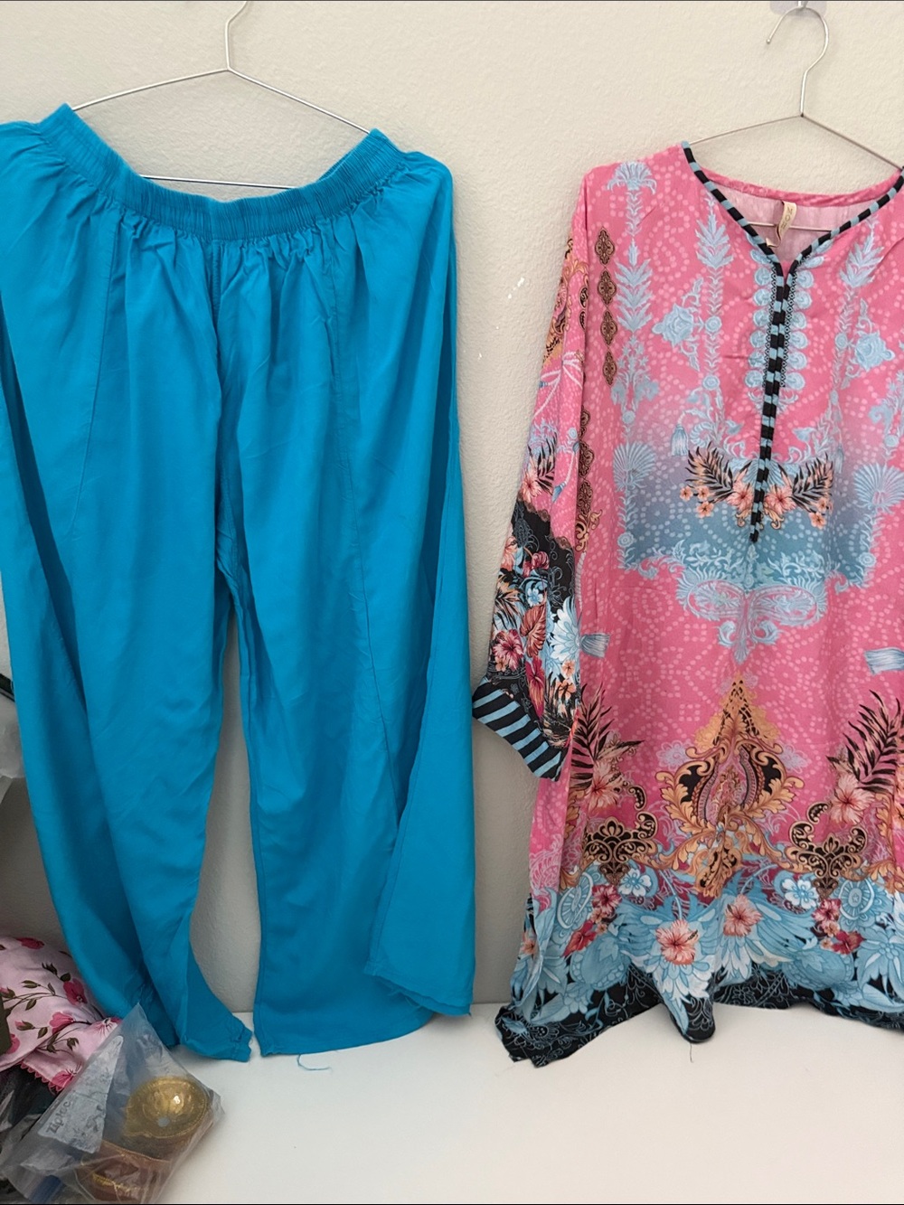 Pakistani Indian Women's Pink Floral Tunic Top with Turquoise Accents